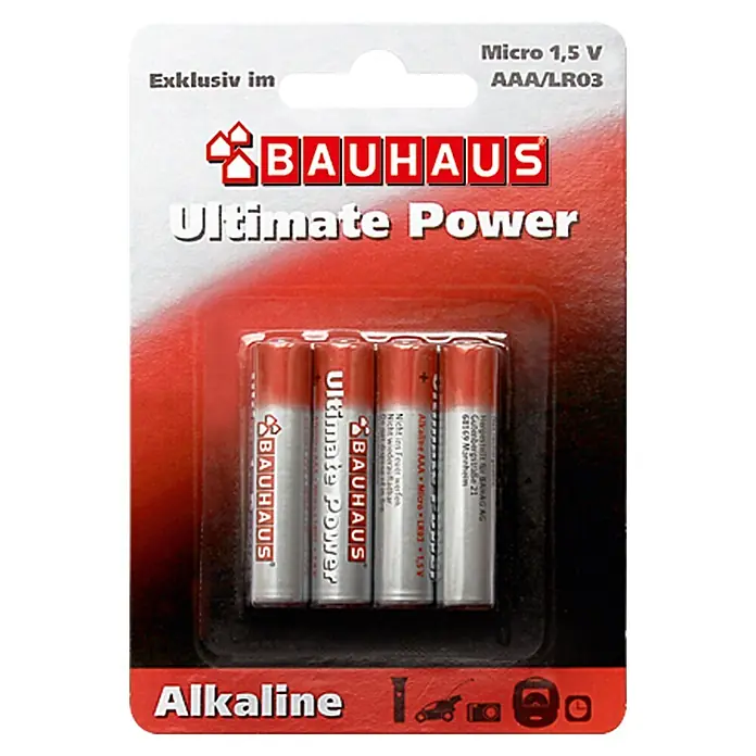 BAUHAUS Alkaline-Batterie Ultimate Power - Micro AAA, Alkali-Mangan, 1,5 V - Abbildung einer Blisterpackung mit vier AAA-Batterien der Marke Bauhaus Ultimate Power, ideal für Geräte mit hohem Stromverbrauch.