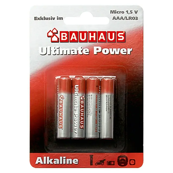 BAUHAUS Alkaline-Batterie Ultimate Power - Micro AAA, Alkali-Mangan, 1,5 V - Abbildung einer Blisterpackung mit vier AAA-Batterien der Marke Bauhaus Ultimate Power, ideal für Geräte mit hohem Stromverbrauch.