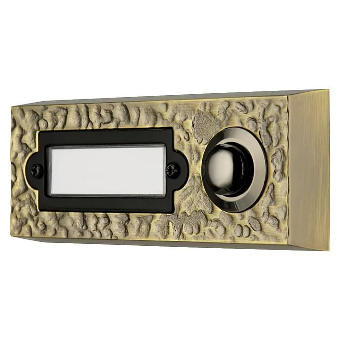 REV Klingeltaster - Mit Namensschild, 20 x 100 x 38 mm, Metall - Antike Messingklingel mit Hammerschlagstruktur, schwarzem Namensschild und rundem Metallknopf.