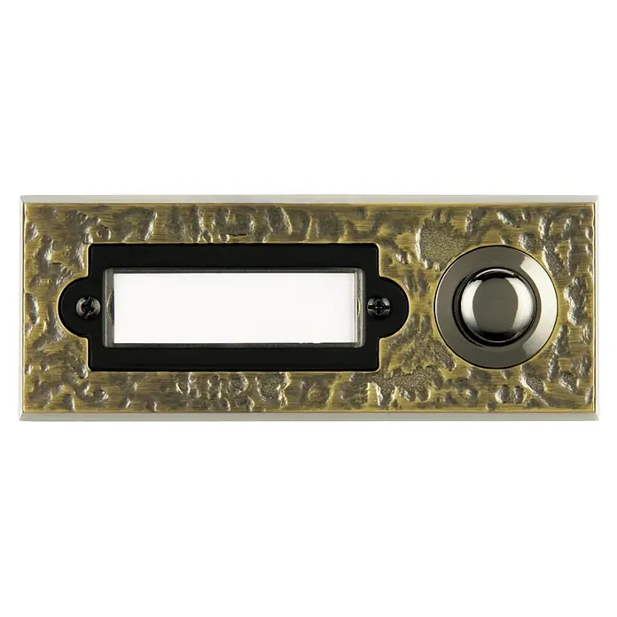 REV Klingeltaster - Mit Namensschild, 20 x 100 x 38 mm, Metall - Türklingel aus antikem Messing mit strukturierter Platte, schwarzem Namensschild und silbernem Klingelknopf.