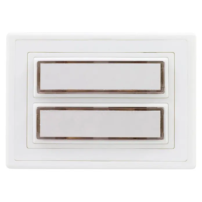 REV Klingeltaster - Mit Namensschild, 100 x 72 x 20 mm, Kunststoff - Weiße Elektro-Schalttafel mit zwei rechteckigen Tasten zur Licht- oder Gerätesteuerung.