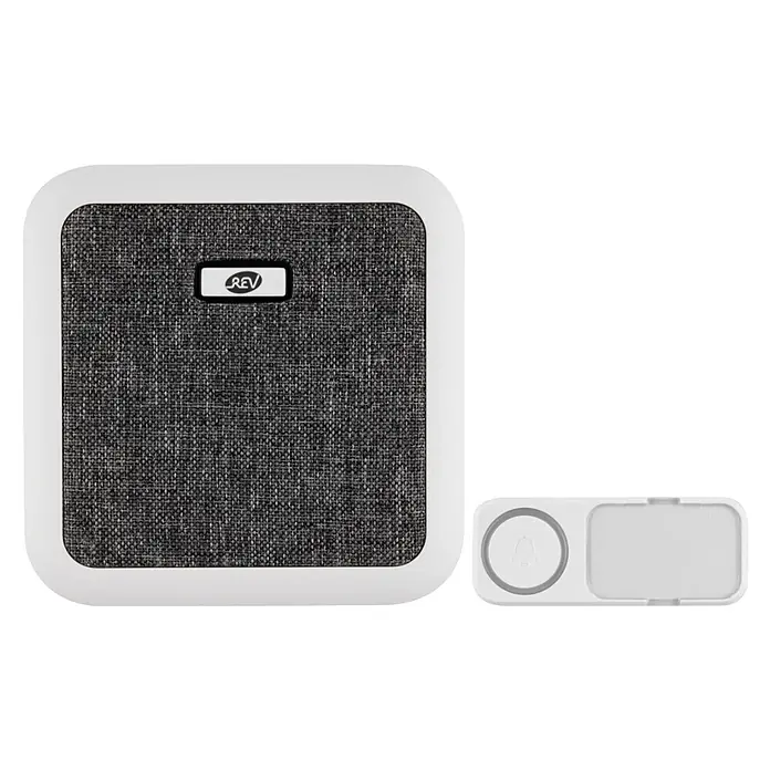 REV Funk-Gong-Set Orchestra - Reichweite ca.: 150 m, 0 dB - 100 dB, IP20, 3 x 1,5 V Batterie LR6 - Ein kabelloses Türklingelsystem mit quadratischem Empfänger (graue Stofffront, weißer Rahmen) und einem weißen, rechteckigen Klingelknopf.
