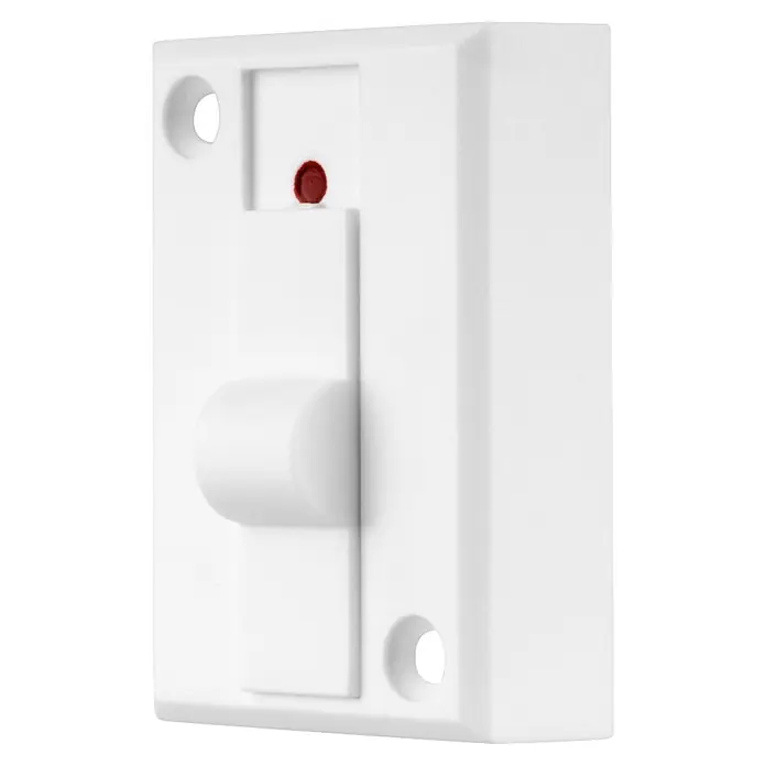 REV Schalter - L x B x H: 20 x 34 x 50 mm - Weißer Kunststoff-Elektroschalter oder Sicherungskasten mit roter Kontrollleuchte und Befestigungslöchern.