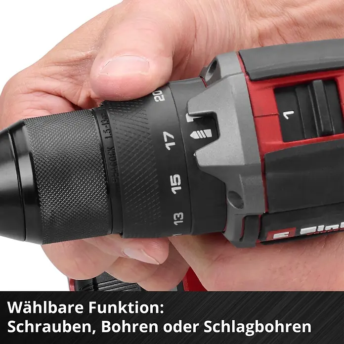 Einhell Professional PXC 18V Akku-Schlagbohrschrauber TTP-CDD 18/501-C Li-i - 18 V, 1 Akku, 3 Ah, 50 Nm - Eine Hand hält einen rot-schwarzen Akku-Bohrschrauber. Sichtbare Einstellungen zeigen Funktionen zum Schrauben, Bohren oder Schlagbohren an.