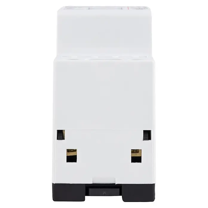 REV Klingeltrafo - Primärspannung: 230 - 240 V/50 Hz, Sekundärspannung: 8 V ~ 1 A - Weißes rechteckiges Elektromodul mit Messingkontakten und schwarzen Klammern unten.