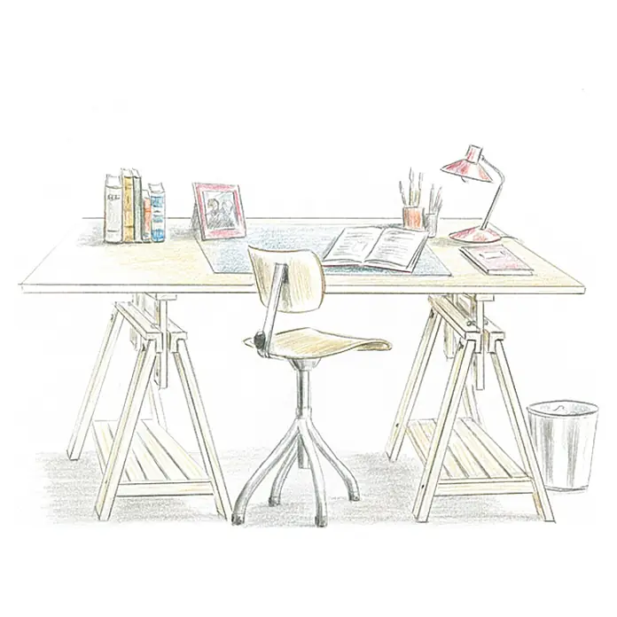Astigarraga Holzbock Architekt - Tragkraft: 400 kg, Höhe: 70 cm, Kiefer, Schwarz - Illustration eines Schreibtisches mit Lampe, Büchern und einem Stuhl in einem hellen, skizzenhaften Stil. Ideal für kreative Arbeitsbereiche.