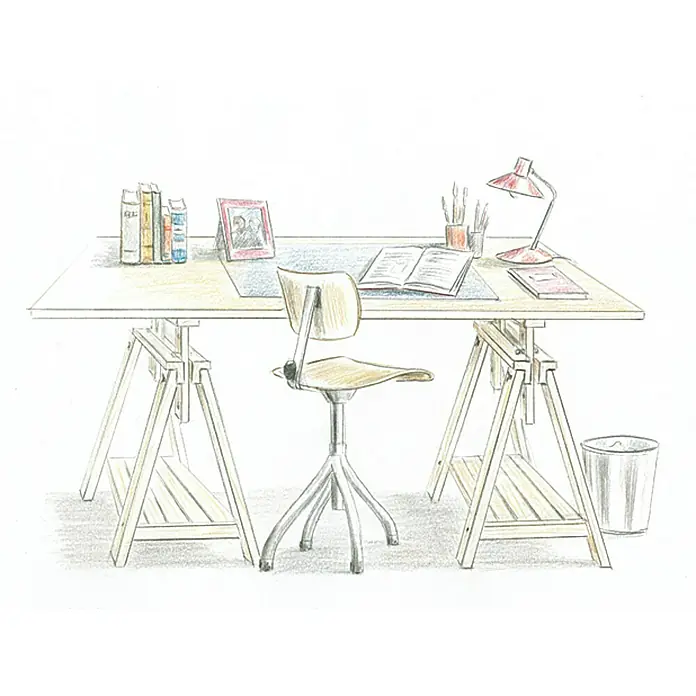Astigarraga Holzbock Architekt - Tragkraft: 400 kg, Höhe: 70 cm, Kiefer, Schwarz - Illustration eines Schreibtisches mit Lampe, Büchern und einem Stuhl in einem hellen, skizzenhaften Stil. Ideal für kreative Arbeitsbereiche.