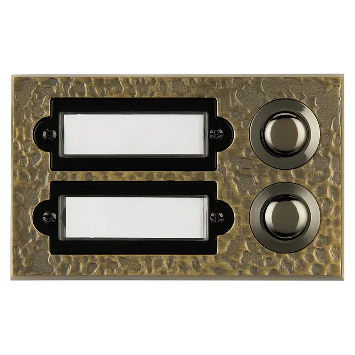 REV Klingeltaster - Mit Namensschild, 61 x 98 x 20 mm, Metall - Strukturierte Bronze-Türklingelplatte mit zwei schwarz gerahmten Namensschildern und zwei dunklen Metallknöpfen.
