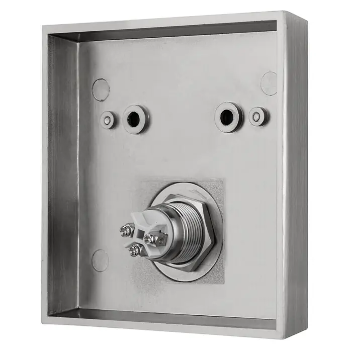 REV Klingeltaster - Mit Namensschild, 78 x 82 x 20 mm, Stahl, 12 V - Gehäuse aus gebürstetem Metall für Aufputzmontage mit Drucktaster und Anschlussklemmen.