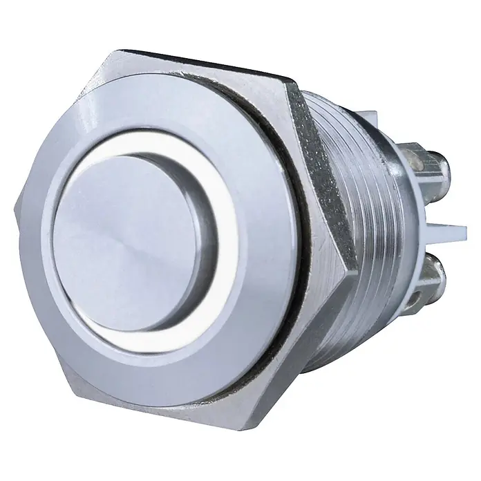 REV Klingeltaster - 17 x 21 x 25 mm, Metall, 12 V - Polierter Metall-Drucktaster mit runder Stirnfläche, beleuchtetem Außenring und sechseckiger Befestigungsmutter.