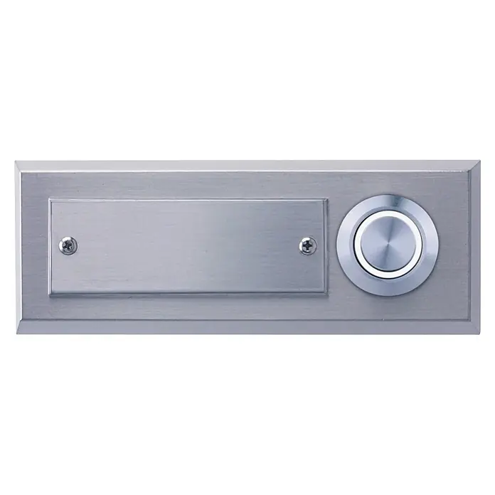 REV Klingeltaster - 26 x 97 x 35 mm, Stahl, 12 V - Türklingelplatte aus gebürstetem Metall mit Namensschild und rundem Klingelknopf.