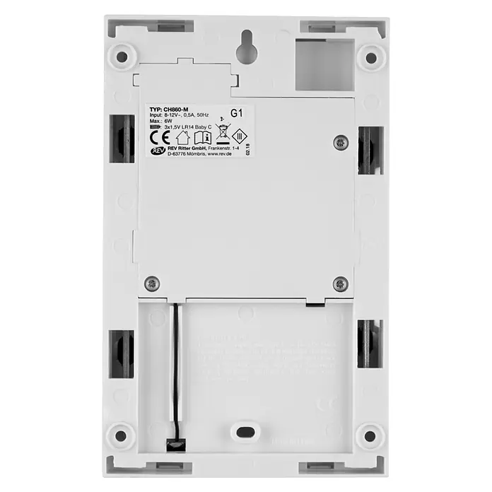 REV 2-Klang-Gong - 173 x 107 x 50 mm, 83 dB, 8 V - 12 V - Weiße Kunststoffrückseite eines REV CH860-M Geräts mit Etikett, technischen Daten, Batteriefach und Befestigungslöchern.