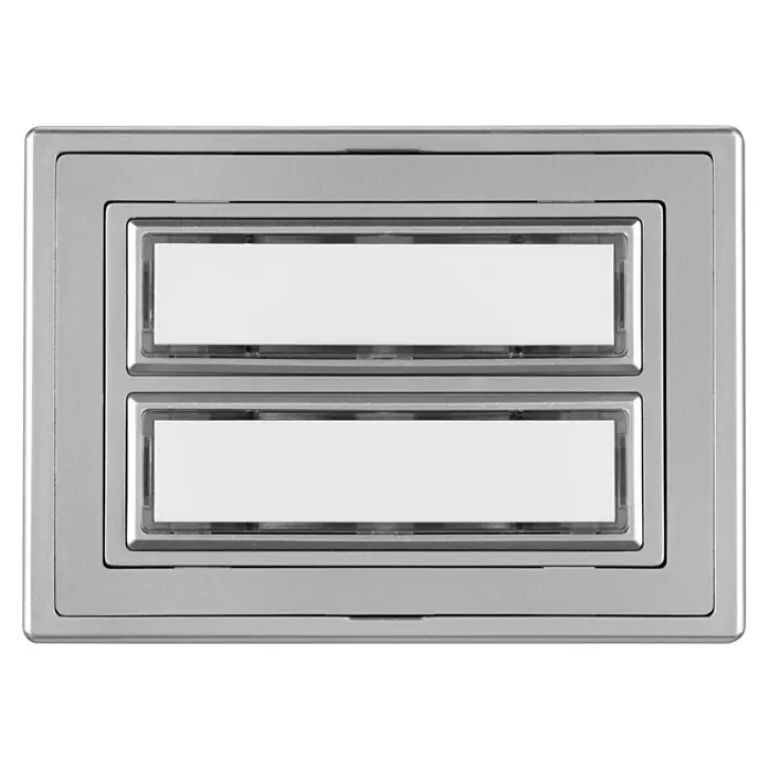 REV Klingeltaster - Mit Namensschild, 71 x 102 x 20 mm, Kunststoff, 8 V - 12 V - Graues, metallisches Klingeltableau mit zwei rechteckigen weißen Einsätzen.