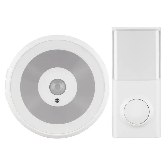 REV Funk-Gong-Set - Reichweite ca.: 50 m, 50 dB - 80 dB, IP20 - Zwei weiße Kunststoff-Nachtlichter, eines rund mit zentralem Bewegungssensor, das andere rechteckig mit diffusem Licht und Knopf.