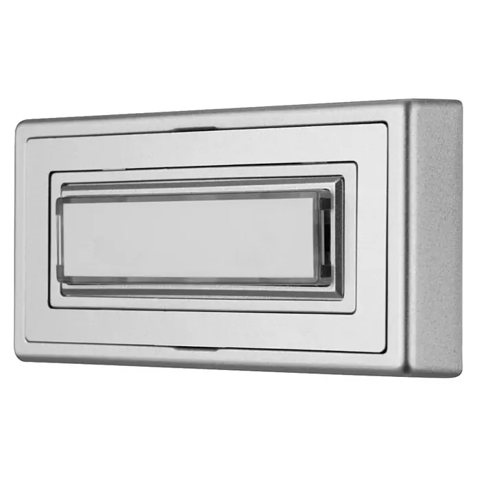 REV Klingeltaster - 100 x 20 x 48 mm, Kunststoff, 8 V - 12 V - Silberner Metall-Türklingelknopf mit transparentem rechteckigem Namensschild oder Leuchtfeld.