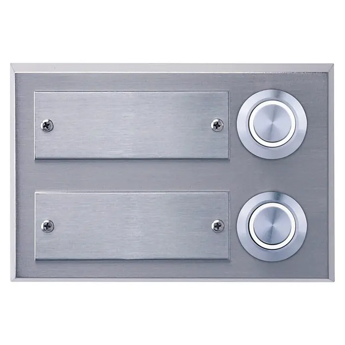 REV Klingeltaster - 71 x 102 x 20 mm, Stahl, 8 V - 12 V - Gebürstetes Metall-Zweifach-Türklingelpanel mit zwei Namensschildern und zwei beleuchteten Druckknöpfen.