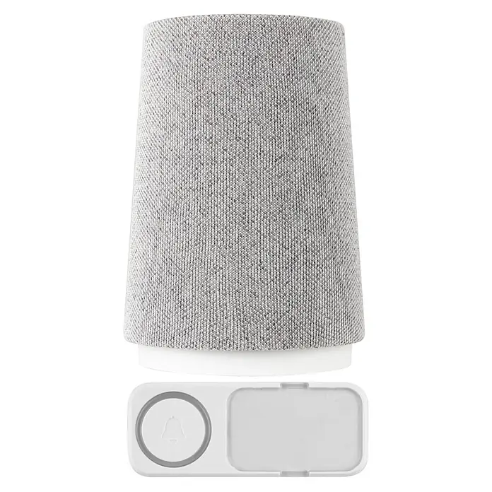 REV Funk-Gong-Set Orchestra - Reichweite ca.: 150 m, 0 dB - 100 dB, IP20 - Grauer Smart Speaker aus Stoff mit weißem Sockel und eine weiße smarte Türklingel mit Glockensymbol.