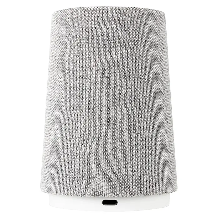 REV Funk-Gong-Set Orchestra - Reichweite ca.: 150 m, 0 dB - 100 dB, IP20 - Hellergrauer Smart Speaker mit gestricktem Stoffbezug und weißem Sockel.