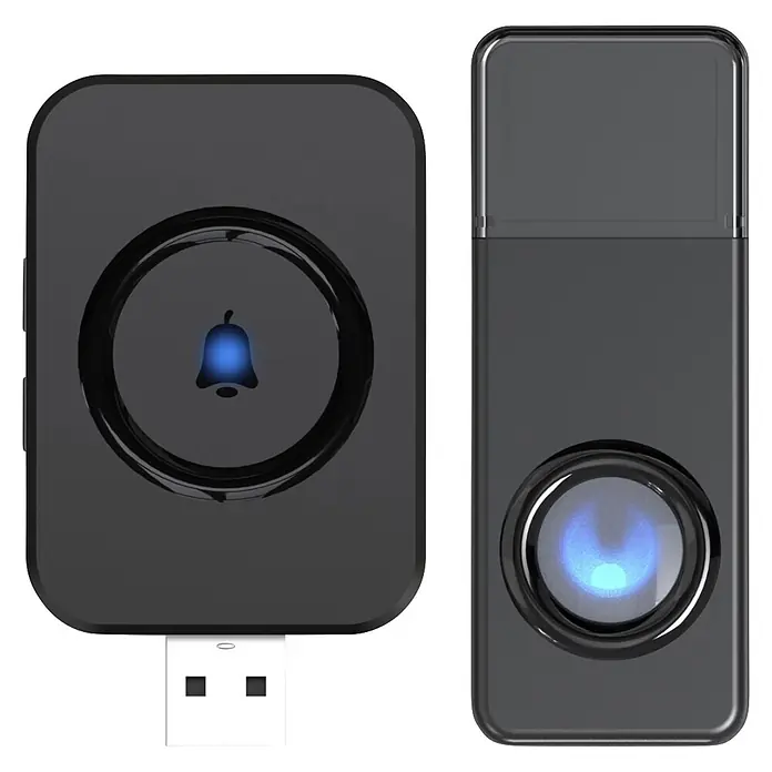 REV Funk-Gong-Set - Reichweite ca.: 100 m, 0 dB - 110 dB, IP20 - Dunkelgrau/schwarzer USB-Türklingel-Gong mit Glockensymbol und passender rechteckiger Klingeltaste mit Linse, beide blau beleuchtet.