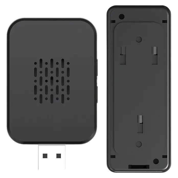 REV Funk-Gong-Set - Reichweite ca.: 100 m, 0 dB - 110 dB, IP20 - Dunkelgrauer rechteckiger USB-Dongle mit Lochgitter, gezeigt mit seiner Montageplatte.