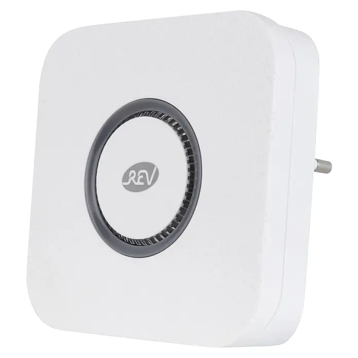 REV Funk-Gong-Set Piezo - Reichweite ca.: 100 m, 0 dB - 110 dB, IP20 - Weißes, quadratisches Steckdosengerät mit dunklem Ring und "REV"-Logo zum Anschluss an eine Steckdose.