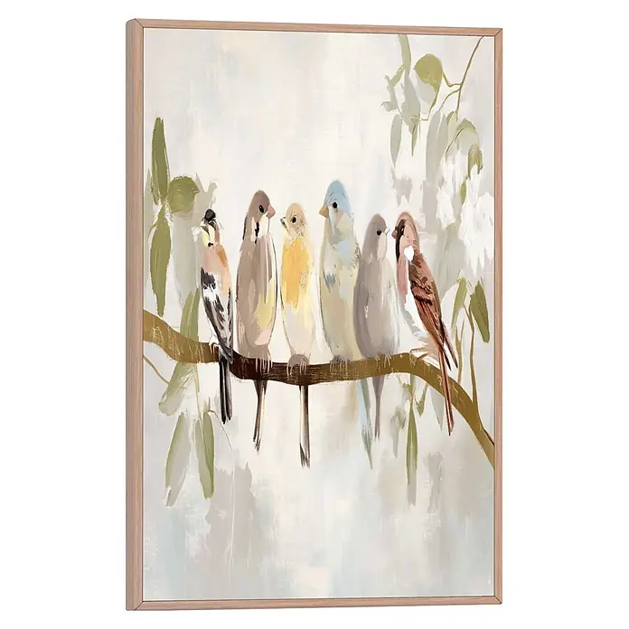 Reinders Bild Slim Frame Wood - Botanical Birdies, B x H: 20 x 30 cm - Gerahmtes Bild mit sechs Vögeln auf einem Ast in Pastellfarben und einem hellen Holzrahmen.