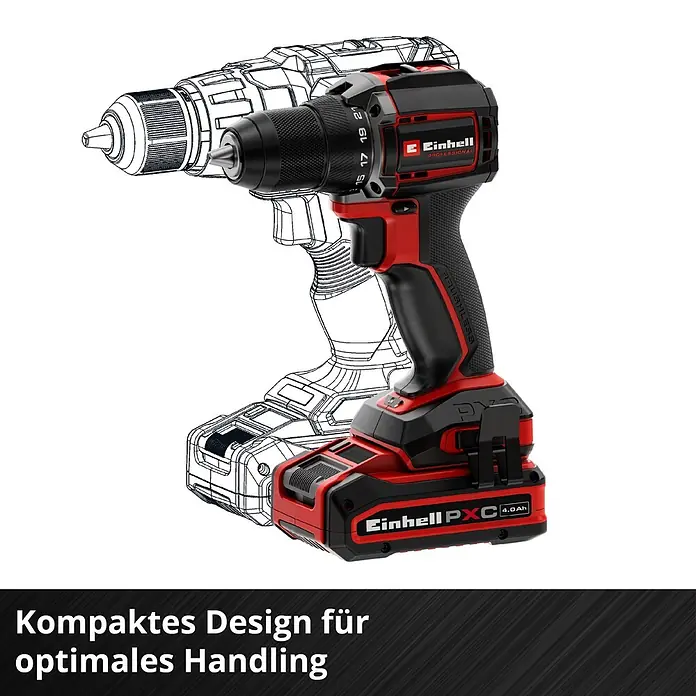 Einhell Professional Power X-Change 18V Akku-Schlagbohrschrauber TP-CD 18/50-C Li-i BL - Solo - 18 V, Ohne Akku, 50 Nm - Roter und schwarzer Akku-Bohrschrauber mit Drahtgitter-Overlay, der sein kompaktes Design und 4,0 Ah Akku zeigt.