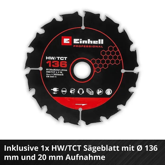 Einhell Professional Power X-Change 18V Akku-Handkreissäge TP-CS 18/136-C Li BL - Solo - 18 V, Ohne Akku, Durchmesser Sägeblatt: 136 mm - HW/TCT Sägeblatt, schwarz mit roten Akzenten, Ø 136 mm, 20 mm Aufnahme.