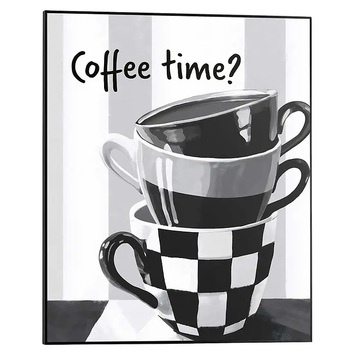 Reinders Bild Slim Frame Black - Coffee Time, B x H: 40 x 50 cm - Monochromer Kunstdruck mit drei gestapelten Kaffeebechern in Schwarz, Weiß und Grau, dazu der Text „Coffee time?“.