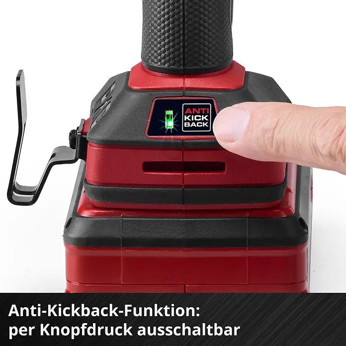 Einhell Professional Power X-Change 18V Akku-Schlagbohrschrauber TP-CD 18/50-C Li-i BL - Solo - 18 V, Ohne Akku, 50 Nm - Detailaufnahme eines Fingers, der auf einem rot-schwarzen Elektrowerkzeug eine Taste drückt und die 'ANTI KICK BACK'-Anzeige sowie den Akku-Indikator beleuchtet.