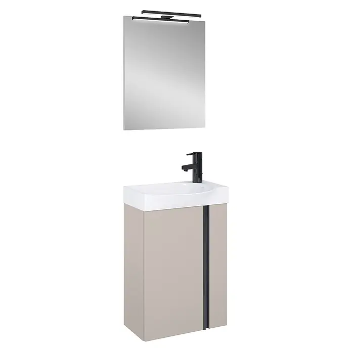 Riva Badmöbel-Set Elegance - Gesamtbreite Badmöbel: 45,2 cm, Fume, Matt - Hellbeiger Badunterschrank mit weißem Waschbecken, schwarzem Wasserhahn und Spiegel mit schwarzer LED-Leuchte.