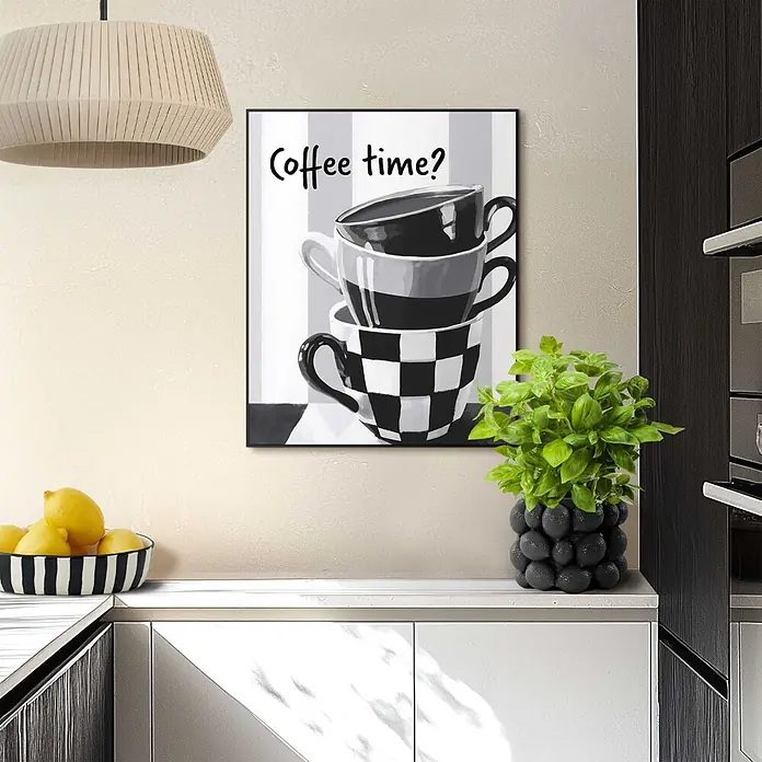Reinders Bild Slim Frame Black - Coffee Time, B x H: 40 x 50 cm - Gerahmter Druck mit schwarz-weißen gestapelten Kaffeetassen und "Coffee time?" Text als Küchendekoration.