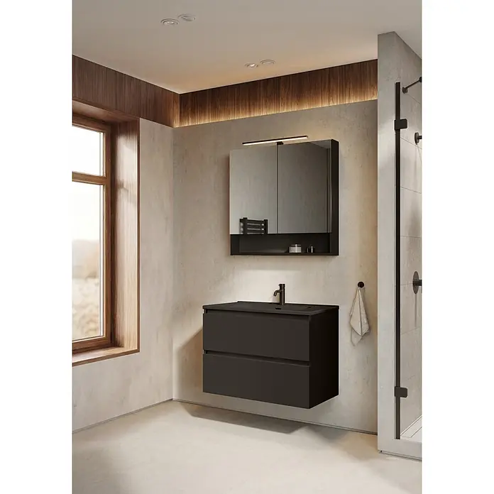Riva Lynn Waschtischunterschrank - B x T x H: 80 x 45,6 x 53 cm, Schwarz, Matt - Dunkelgrauer schwebender Badunterschrank mit integriertem Waschbecken und passendem Spiegelschrank in einem modernen Bad.