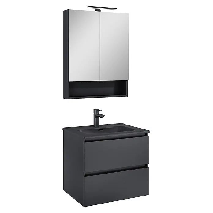 Riva Lynn Waschtischunterschrank - B x T x H: 60 x 45,6 x 53 cm, Schwarz, Matt - Dunkelgrauer Badunterschrank mit integriertem Waschbecken, schwarzer Armatur und Spiegelschrank mit Beleuchtung und Ablage.