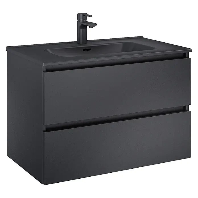 Riva Lynn Waschtischunterschrank - B x T x H: 80 x 45,6 x 53 cm, Schwarz, Matt - Anthrazitfarbener matter Badunterschrank mit integriertem Waschbecken und schwarzer Armatur, zwei Schubladen.