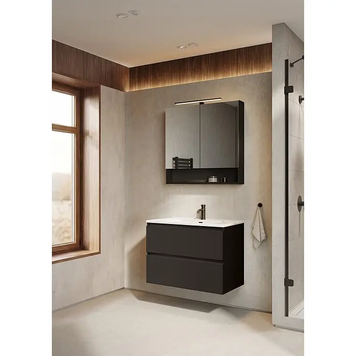Riva Lynn Waschtischunterschrank - B x T x H: 80 x 45,6 x 53 cm, Schwarz, Matt - Schwarzer Waschtisch mit weißem Waschbecken und passendem Spiegelschrank in einem modernen Badezimmer.