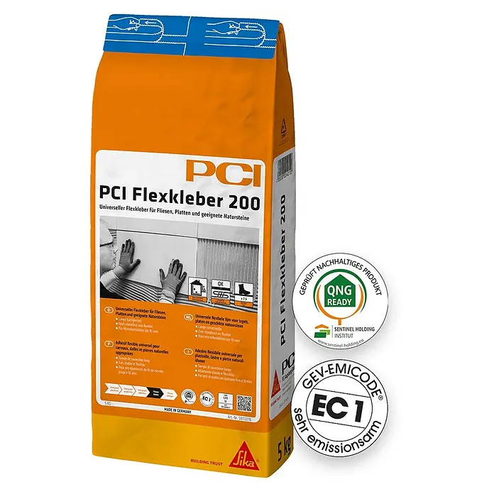 PCI Flexkleber 200 5 kg C2TES1 - 5 kg - Orange-weißer Sack PCI Flexkleber 200 für Fliesen, Platten und Natursteine.