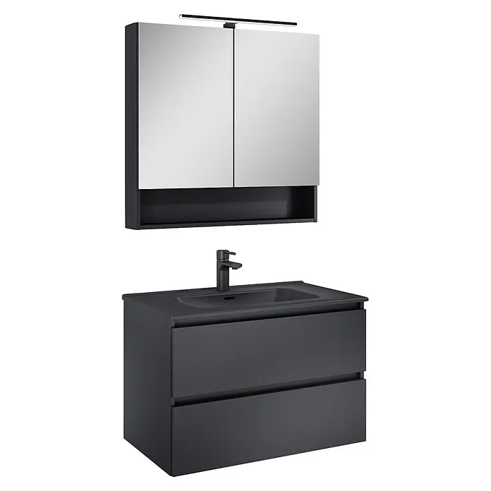 Riva Lynn Waschtischunterschrank - B x T x H: 80 x 45,6 x 53 cm, Schwarz, Matt - Dunkelgrauer Badunterschrank mit integriertem Waschbecken und Wasserhahn, kombiniert mit passendem Spiegelschrank und LED-Licht.
