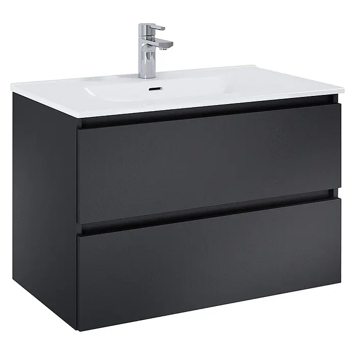 Riva Lynn Waschtischunterschrank - B x T x H: 80 x 45,6 x 53 cm, Schwarz, Matt - Dunkelgrauer Badunterschrank mit zwei Schubladen, weißem integriertem Waschbecken und Chrom-Einhebelarmatur.
