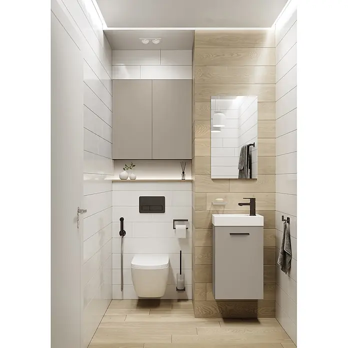 Riva Badmöbel-Set Pocket - Breite: 40 cm, Fume, 3 -tlg. - Modernes, minimalistisches Badezimmer mit weißer Hänge-Toilette und grauem Waschtisch mit weißem Waschbecken, akzentuiert mit Holz und weißen Fliesen.
