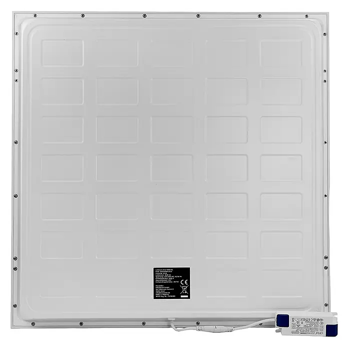 Luxula LED-Panel LED Panel - 40 W, Weiß, Weiß, Warmweiß - Rückseite einer weißen LED-Leuchte mit strukturierter Oberfläche und angeschlossenem Treiber.