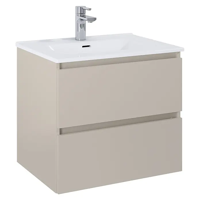 Riva Lynn Waschtischunterschrank - B x T x H: 60 x 45,6 x 53 cm, Fume, Matt - Helles beiges wandhängendes Badmöbel mit zwei Schubladen, integriertem weißem Keramikwaschbecken und Chromarmatur.