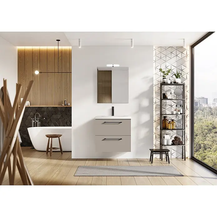 Riva Compact Badmöbel-Set - Gesamtbreite Badmöbel: 61,7 cm, Fume - Beige wandmontierte Badmöbel mit zwei Schubladen und schwarzen Griffen, weißer Arbeitsplatte und schwarzer Armatur, im modernen Bad.