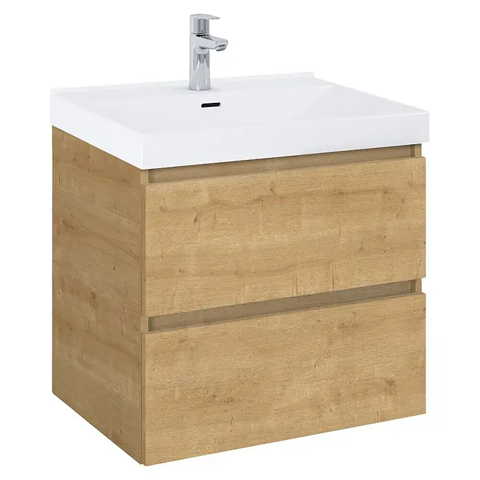 Riva Lynn Waschtischunterschrank - B x T x H: 60 x 45,6 x 53 cm, Hamilton Eiche - Badezimmermöbel in heller Holzoptik mit weißem Keramikwaschbecken und Chromarmatur.