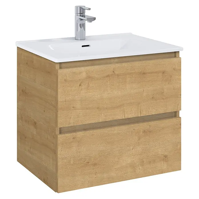 Riva Lynn Waschtischunterschrank - B x T x H: 60 x 45,6 x 53 cm, Hamilton Eiche - Waschtischunterschrank in heller Holzoptik mit weißem Waschbecken, Chromarmatur und zwei Schubladen.