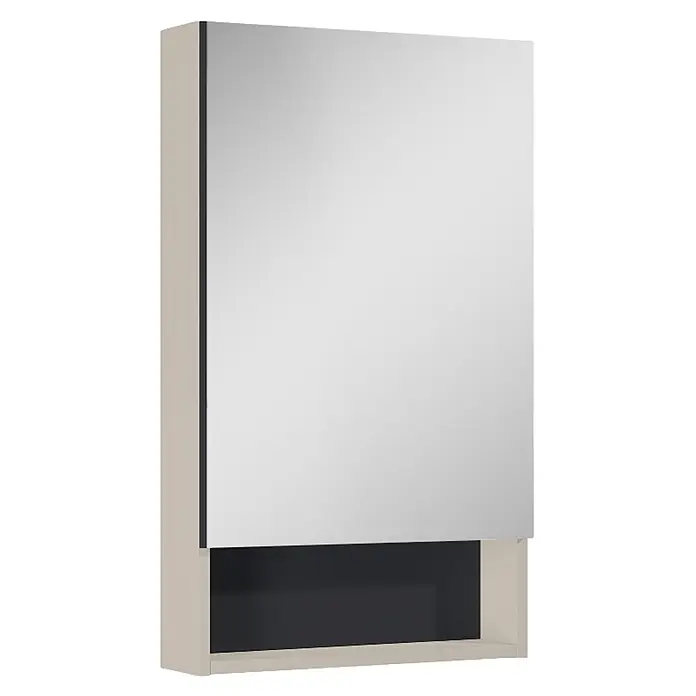 Riva Yasumi Spiegelschrank - B x H: 45 x 77 cm, Fume - Moderner Spiegelschrank mit hellbeigem Rahmen, großer Spiegeltür und offener dunkelgrauer Ablage unten.