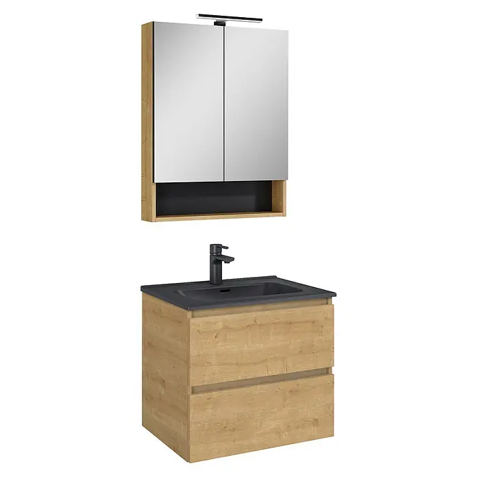Riva Lynn Waschtischunterschrank - B x T x H: 60 x 45,6 x 53 cm, Hamilton Eiche - Badmöbelset aus hellem Holz mit dunkelgrauem Waschbecken, schwarzem Wasserhahn und Spiegelschrank mit LED-Leuchte.