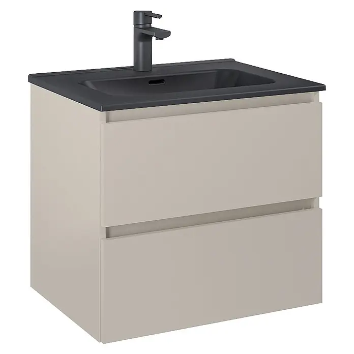 Riva Lynn Waschtischunterschrank - B x T x H: 60 x 45,6 x 53 cm, Fume, Matt - Hellbeiger Badschrank mit zwei Schubladen, integriertem dunkelgrauen Waschbecken und Wasserhahn.