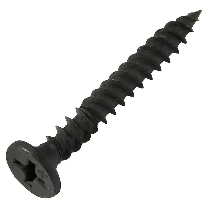 Knauf Diamantschraube XTN - Durchmesser: 3,9 mm, Länge: 23 mm, 1.000 Stk. - Nahaufnahme einer schwarzen Holzschraube mit Kreuzschlitzkopf vor schwarzem Hintergrund.