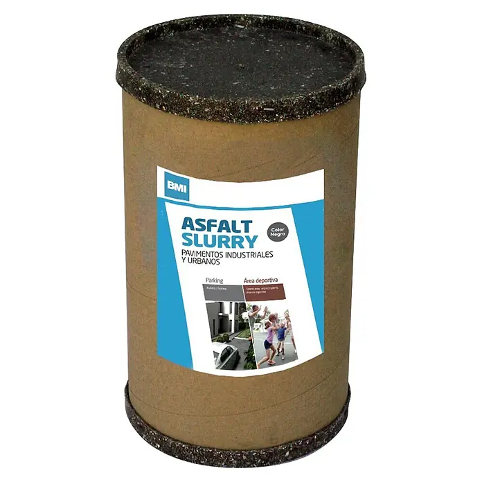 Chova Pasta bituminosa Slurry 50 kg - 50 kg, Negro - Un gran bidón marrón de lodo asfáltico negro para pavimentos industriales y urbanos. Tapa y base oscuras y texturizadas.